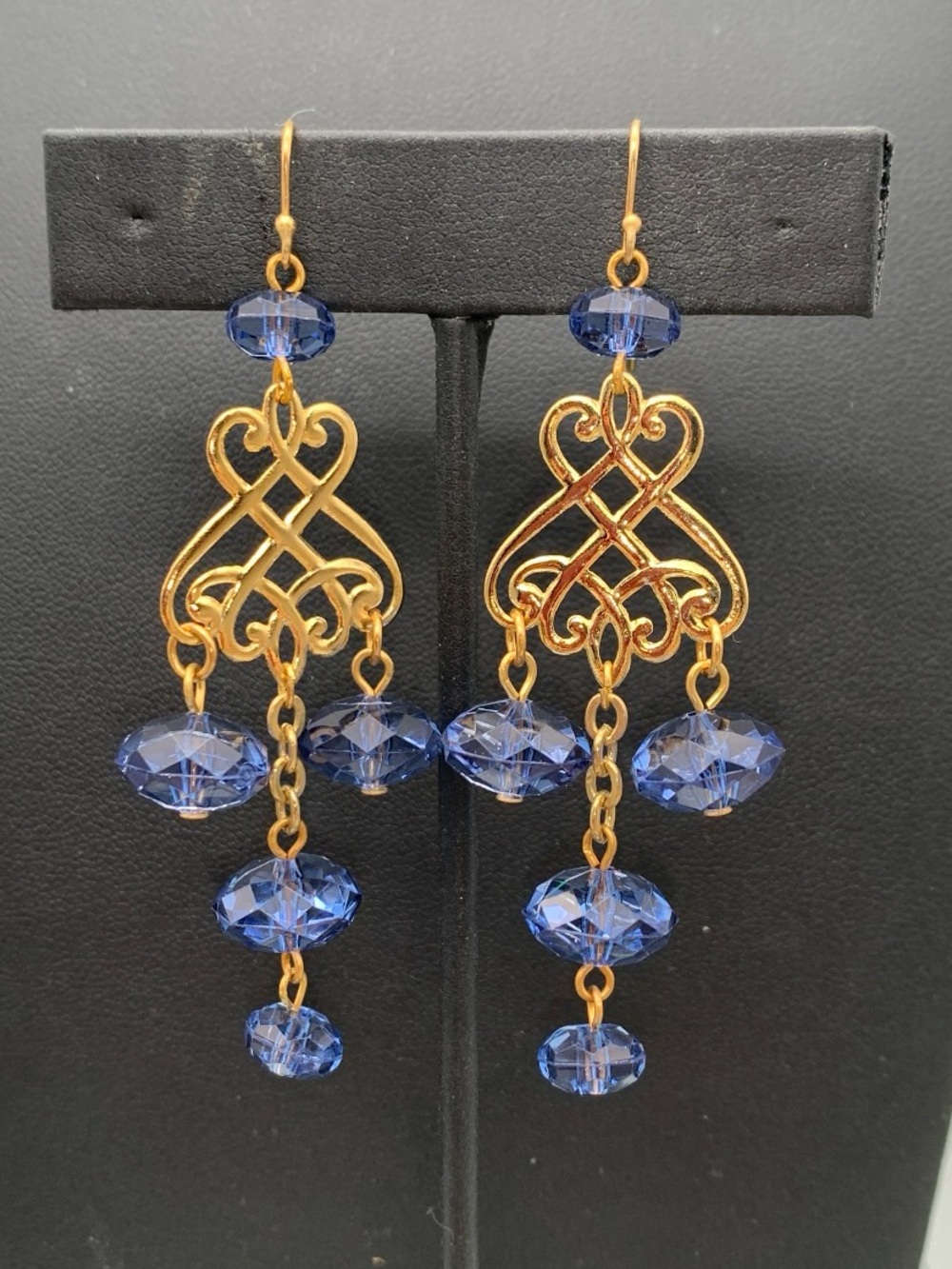 Gold Filigree Chandelier Earrings with Sapphire Blue faceted Beads